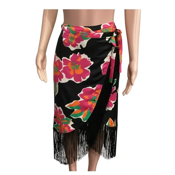 Lulu’s NWT Floral Fringe MIDI Wrap Skirt Memorable Vibes Size Small - Picture 3 of 11
